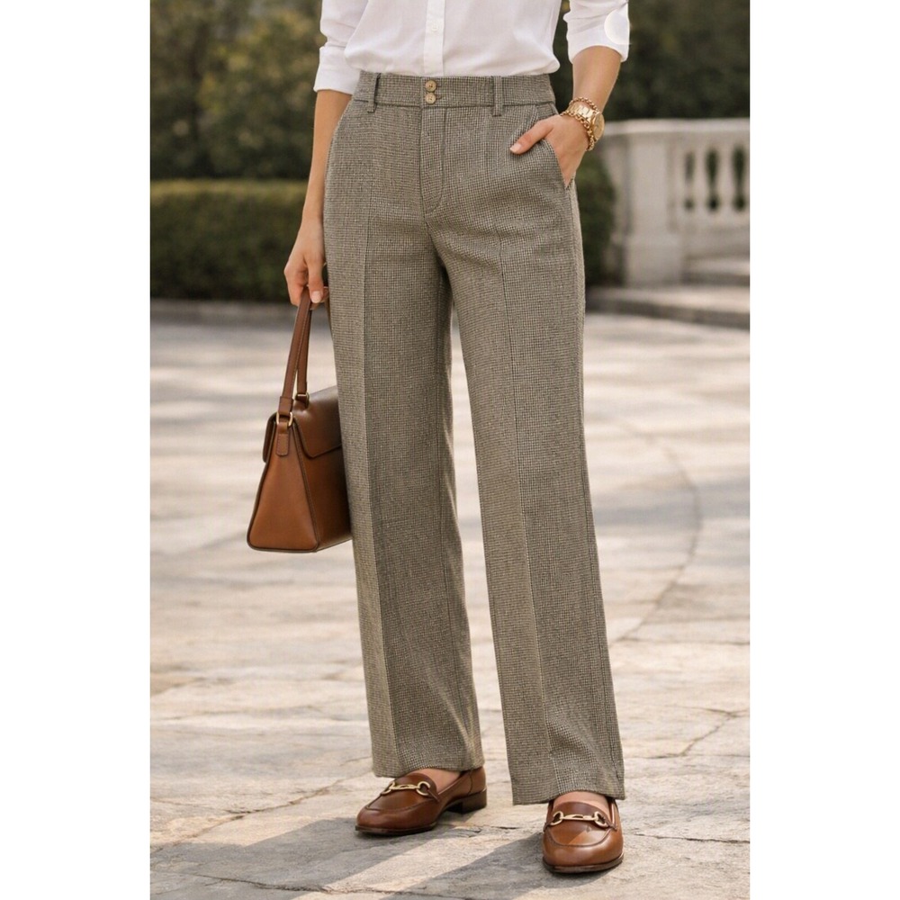 Ralph Lauren Womens Wool Dress Pants 16 Brown Houndstooth Straight Leg Old Money